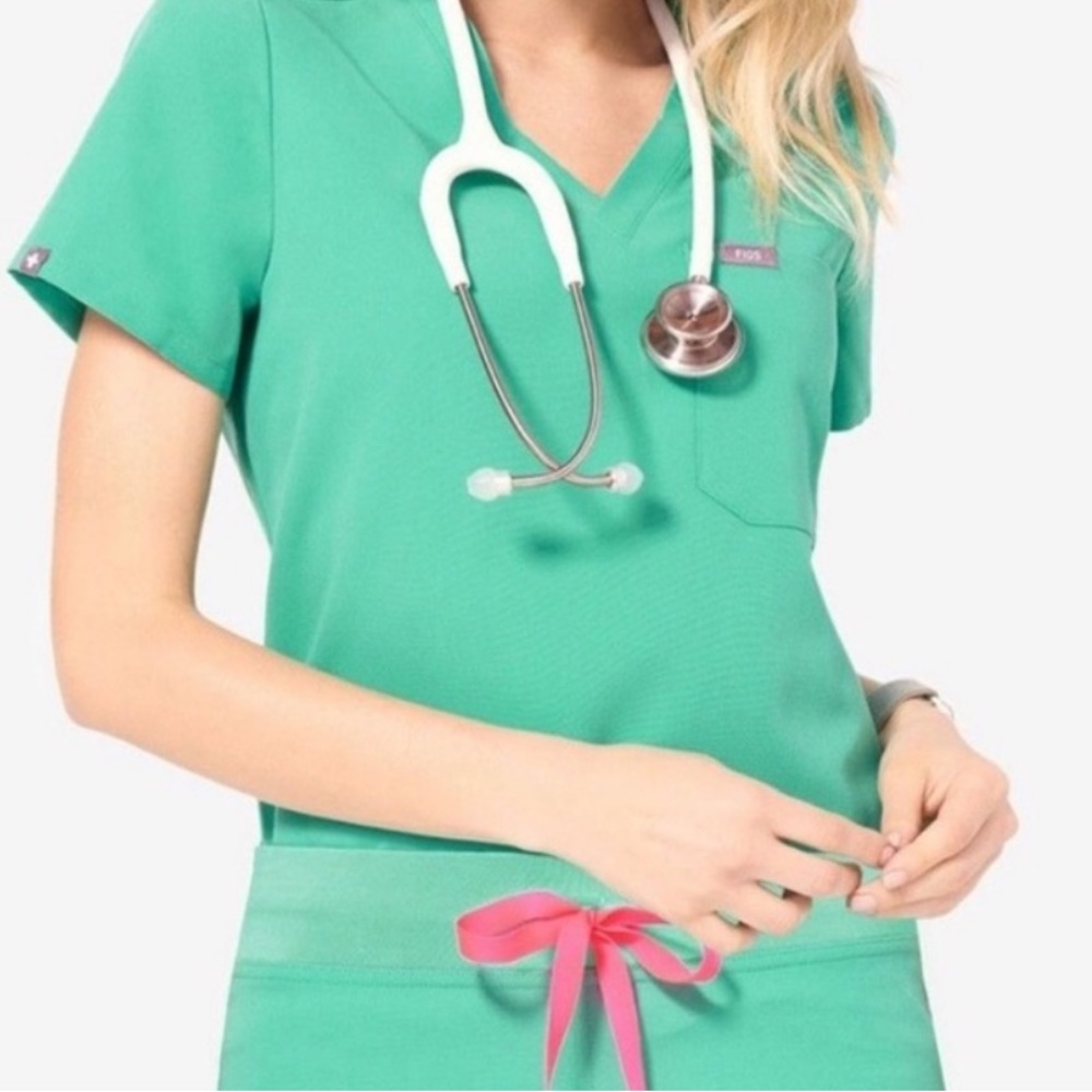 Figs Women's Teal Scrub Top with Pink Accent